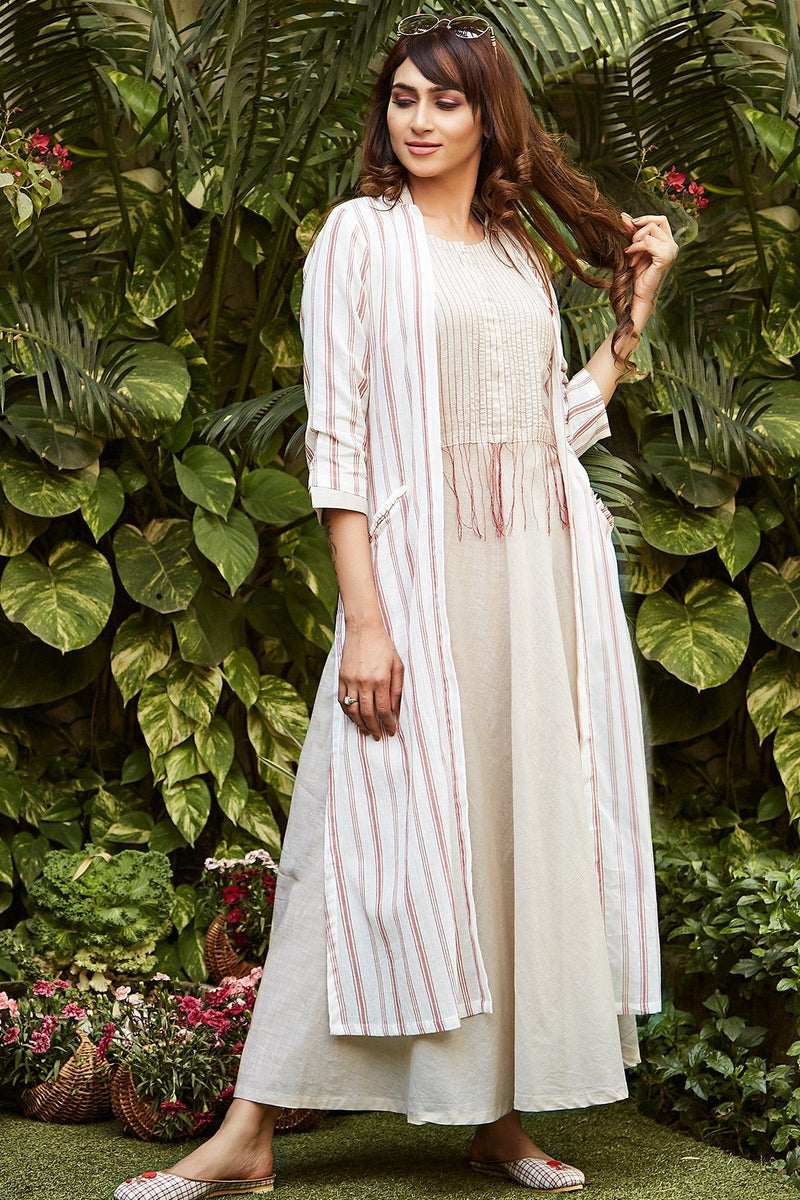 White Printed Cape With Dress - Naaz By Noor