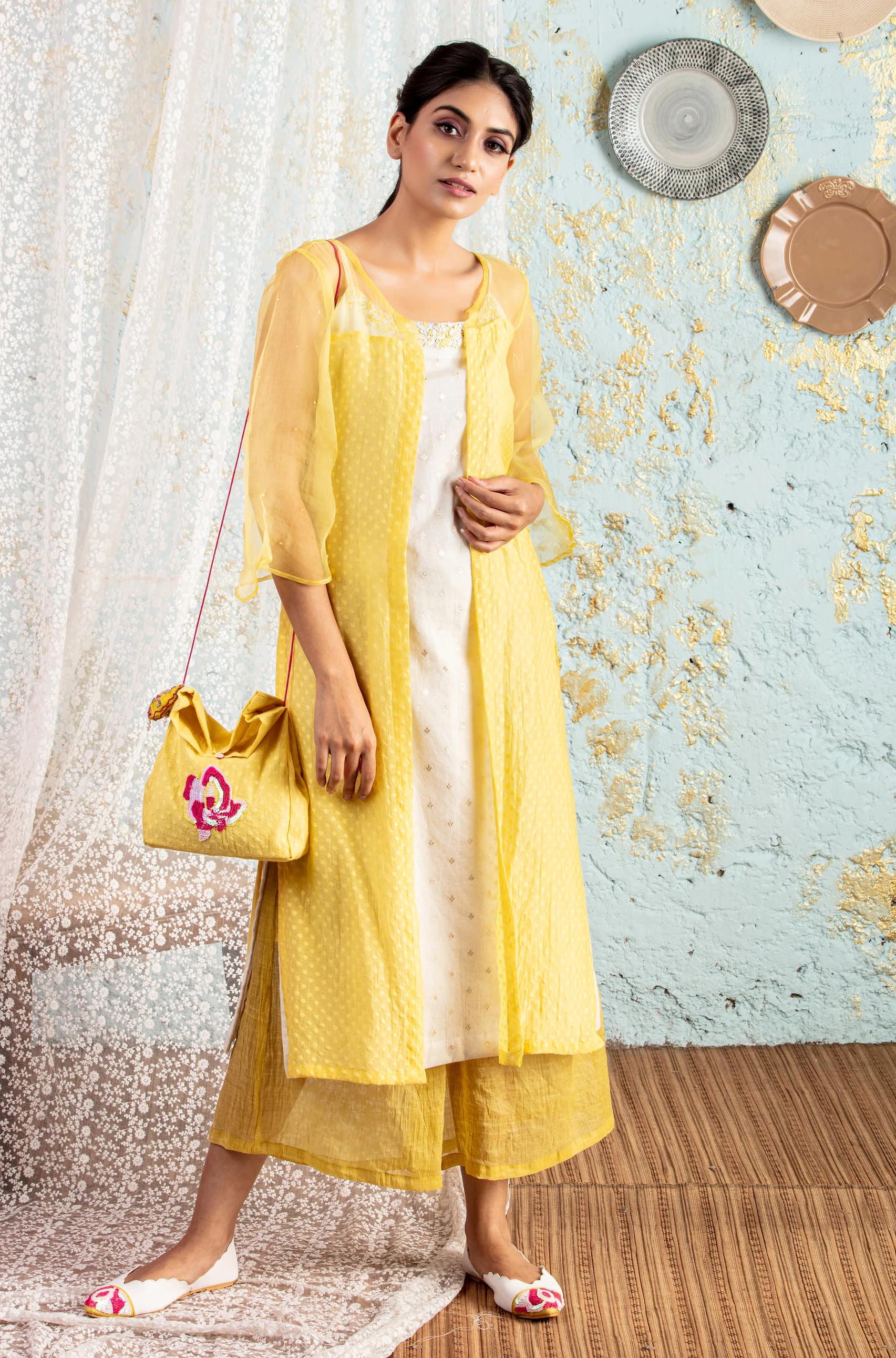White Tunic With Lemon Overlay With Pants - Naaz By Noor