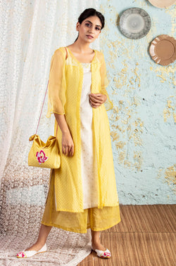 White Tunic With Lemon Overlay With Pants - Naaz By Noor