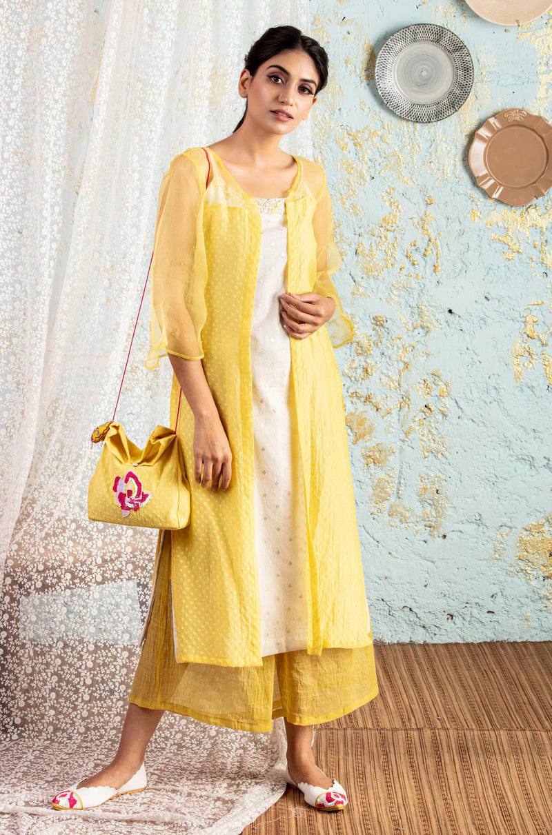 White Tunic With Lemon Overlay With Pants - Naaz By Noor