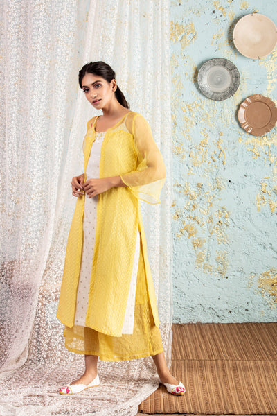 White Tunic With Lemon Overlay With Pants - Naaz By Noor