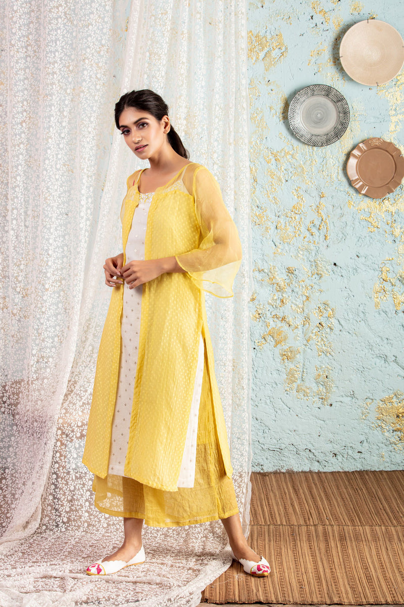 White Tunic With Lemon Overlay With Pants - Naaz By Noor