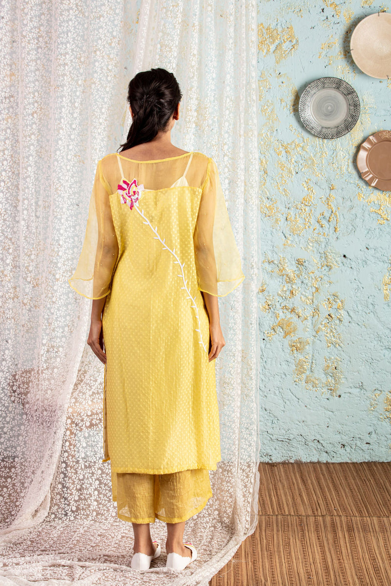 White Tunic With Lemon Overlay With Pants - Naaz By Noor