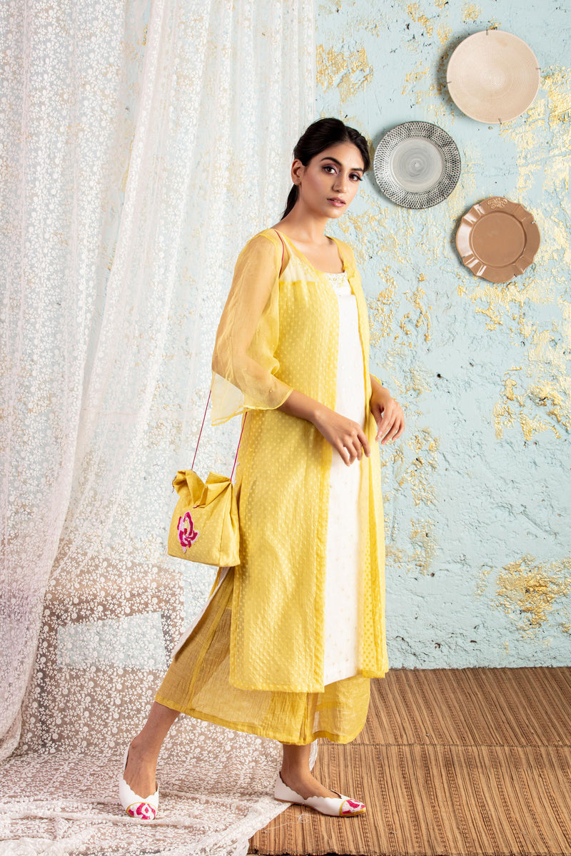 White Tunic With Lemon Overlay With Pants - Naaz By Noor