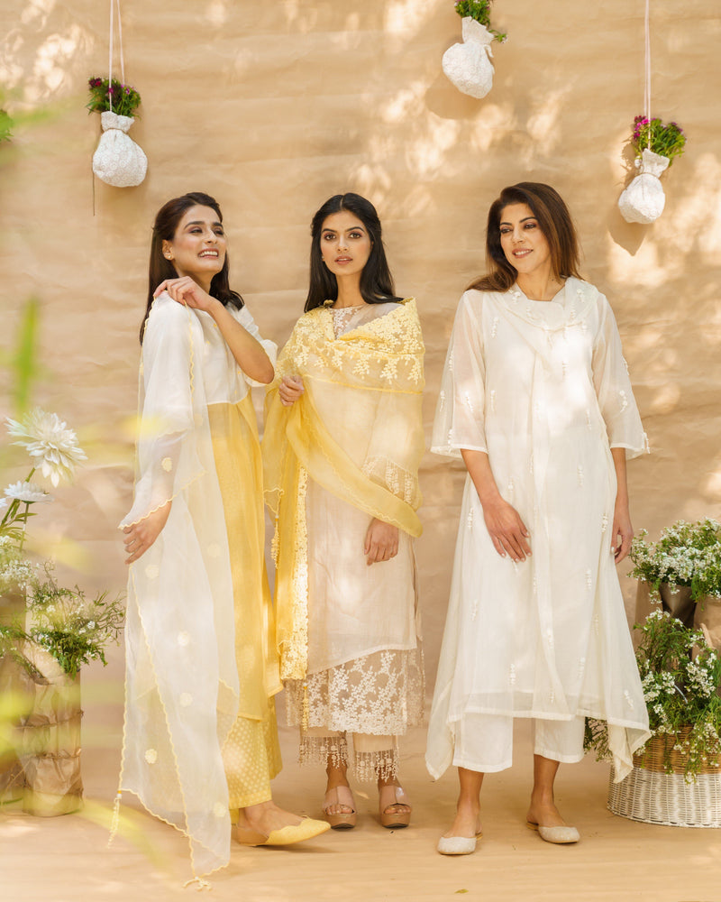 Yellow iris and  pearl white ensemble ( with dupatta ) - Naaz By Noor