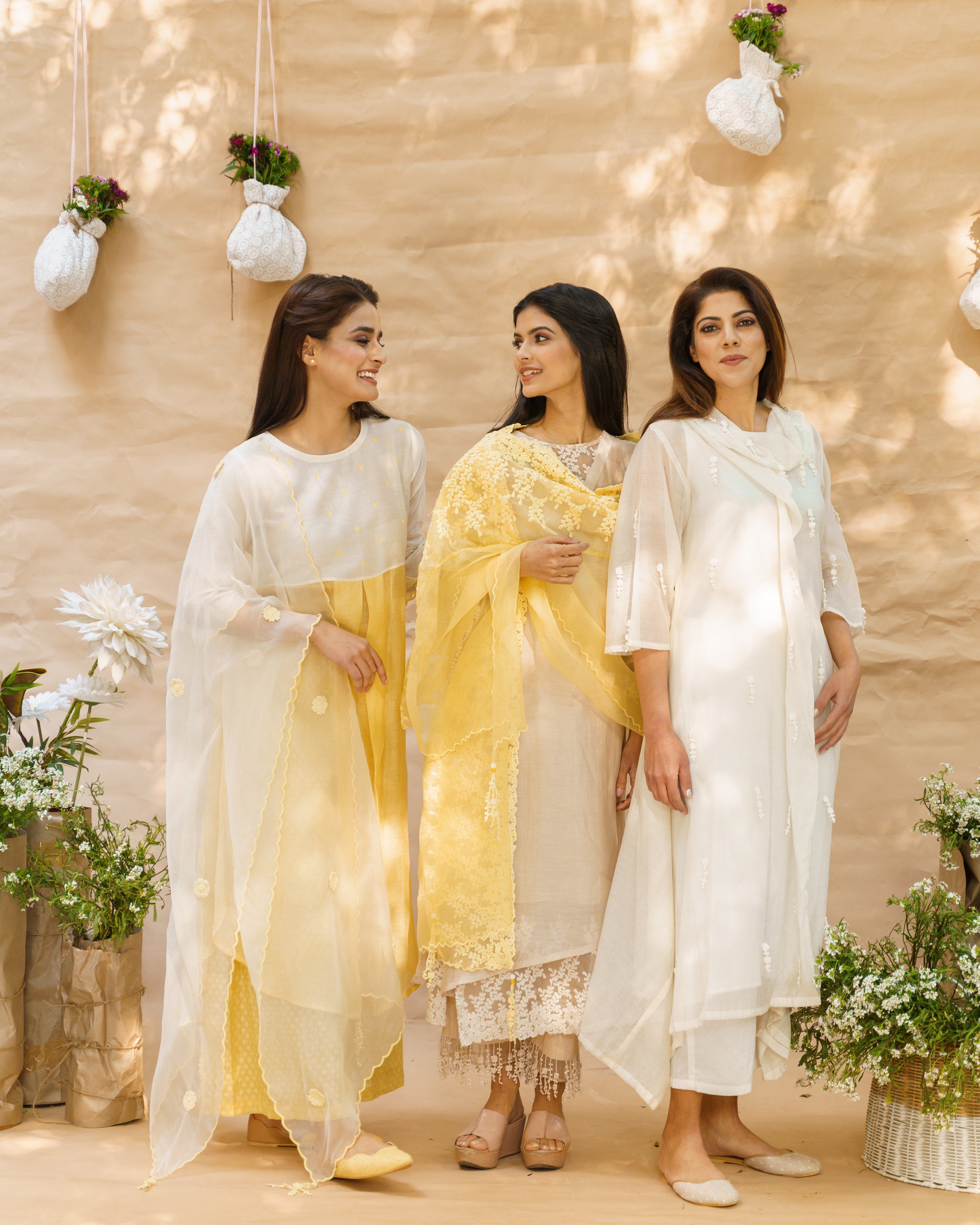Yellow iris and  pearl white ensemble ( with dupatta ) - Naaz By Noor