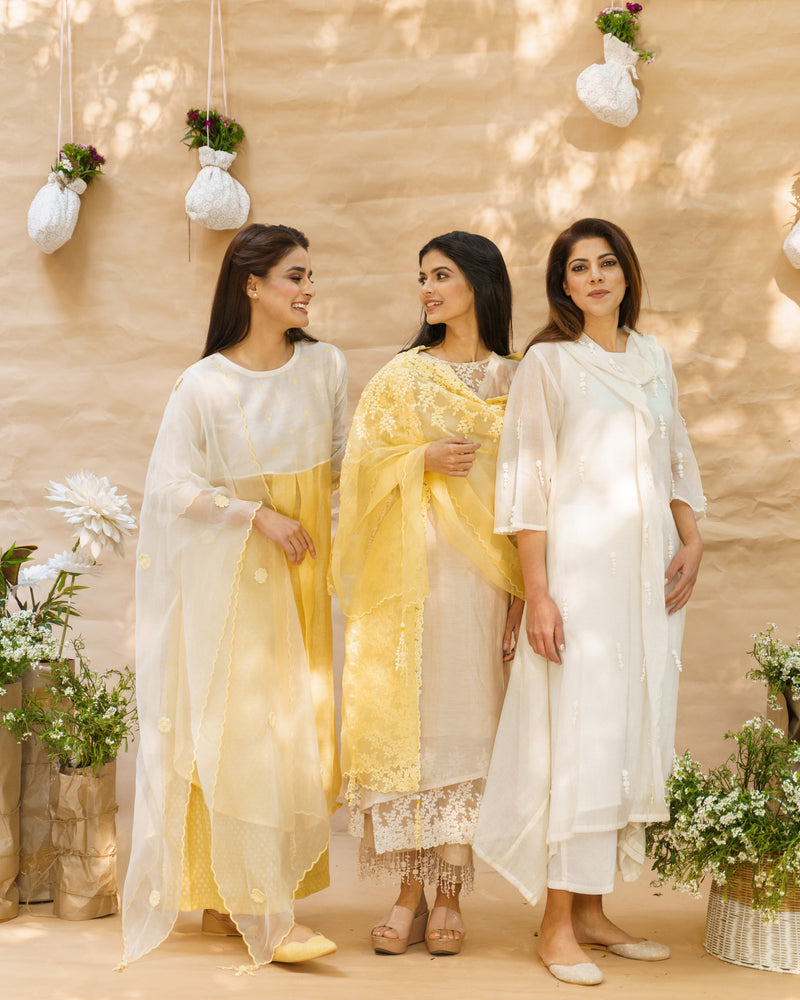 Yellow iris and  pearl white ensemble ( with dupatta ) - Naaz By Noor